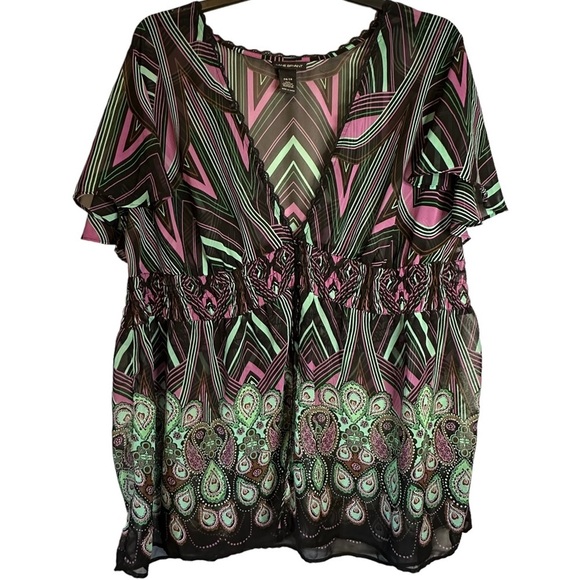 Lane Bryant Womens Popover‎ Shirt Top Plus Size 26/28 Deep V Semi Sheer Smocked - Picture 1 of 11